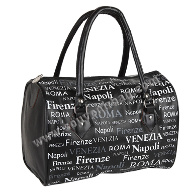 Black City Name Printed Leather HandBag